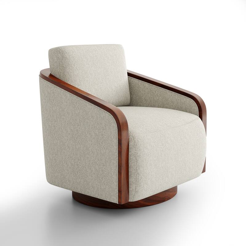 Upholstered Swivel Barrel Chair with Curved Wood Arms