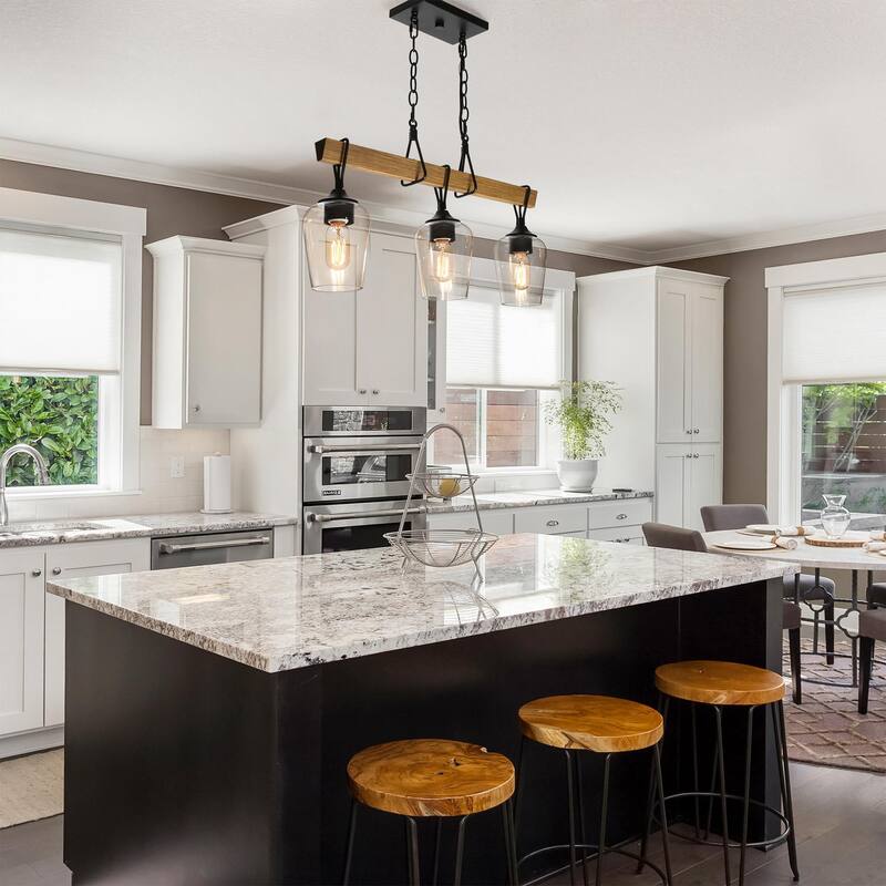 Zarbel Modern Farmhouse Glass Linear Chandelier Rustic 3-Light Black Metal Small Kitchen Island Lights - L25"x W 5"x H 76"