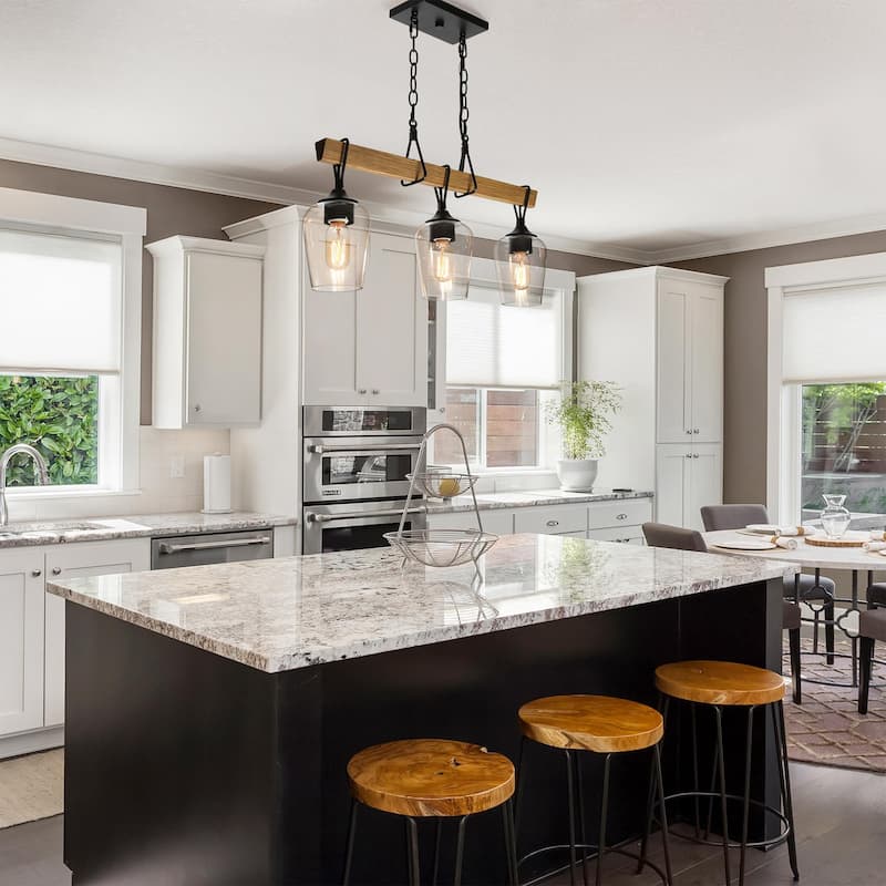 Zarbel Modern Farmhouse Glass Linear Chandelier Rustic 3-Light Black Metal Small Kitchen Island Lights