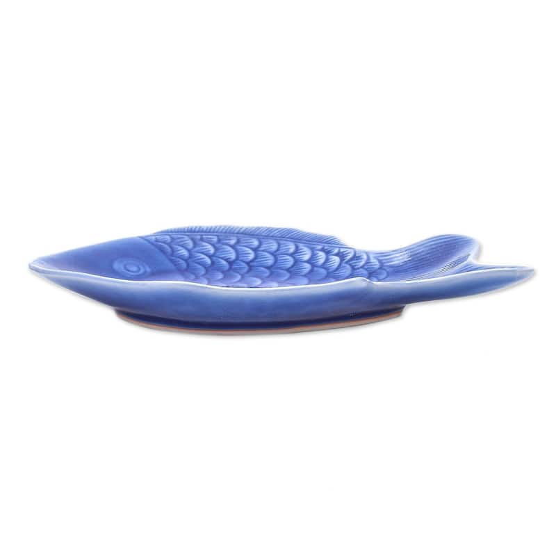Novica Handmade Mae Ping Fish In Blue Celadon Ceramic Serving Plate