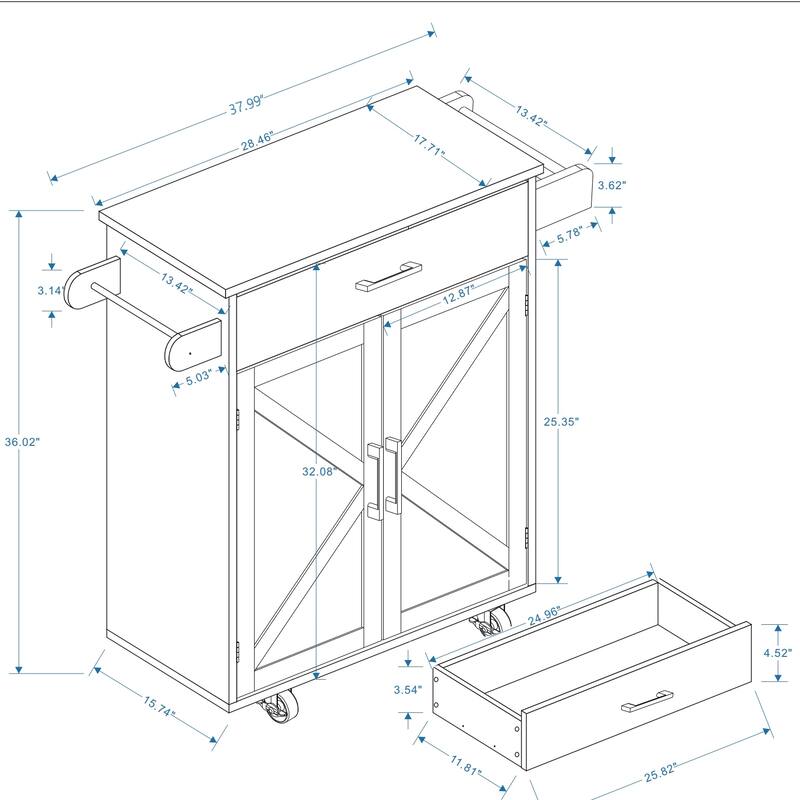 Anmytek Farmhouse Kitchen Island Cart with Bamboo Top and Wheels - Rolling Kitchen Storage with Extendable Shelves