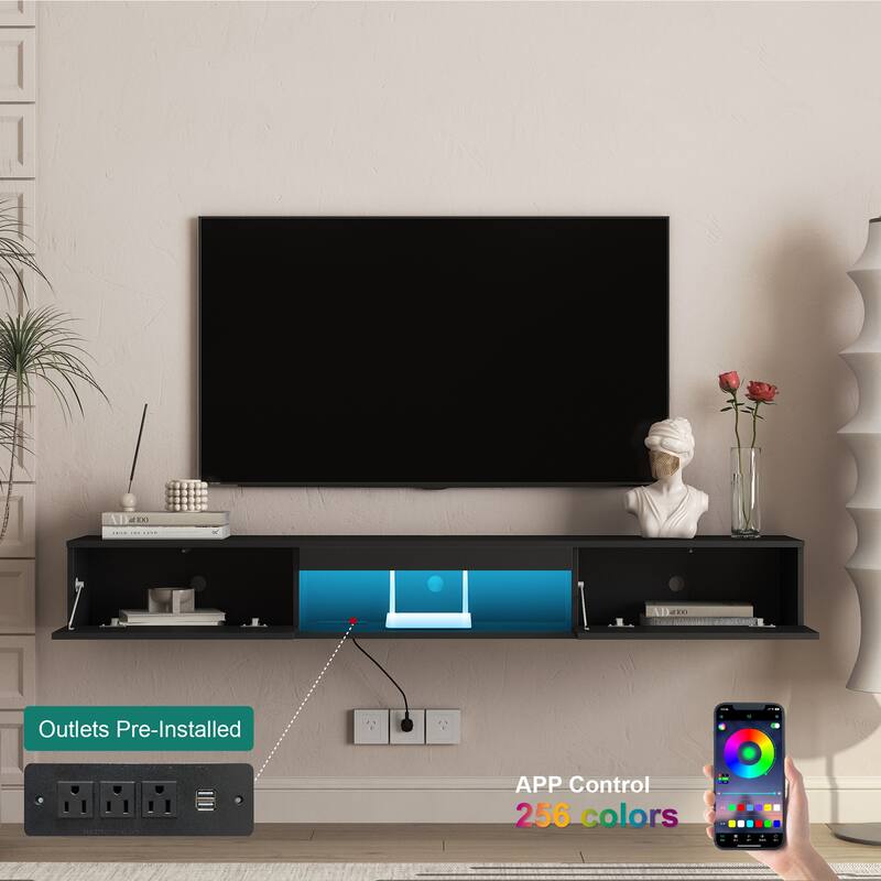 69 Inch Floating TV Stand Wall Mounted with 16 Color LED Lights, Modern TV Cabinet for 55 60 65 Inch TV