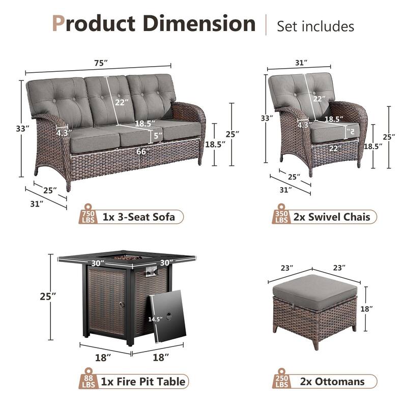 Pocassy Outdoor 30 In Fire Table with Sofa Patio Swivel Chair Set
