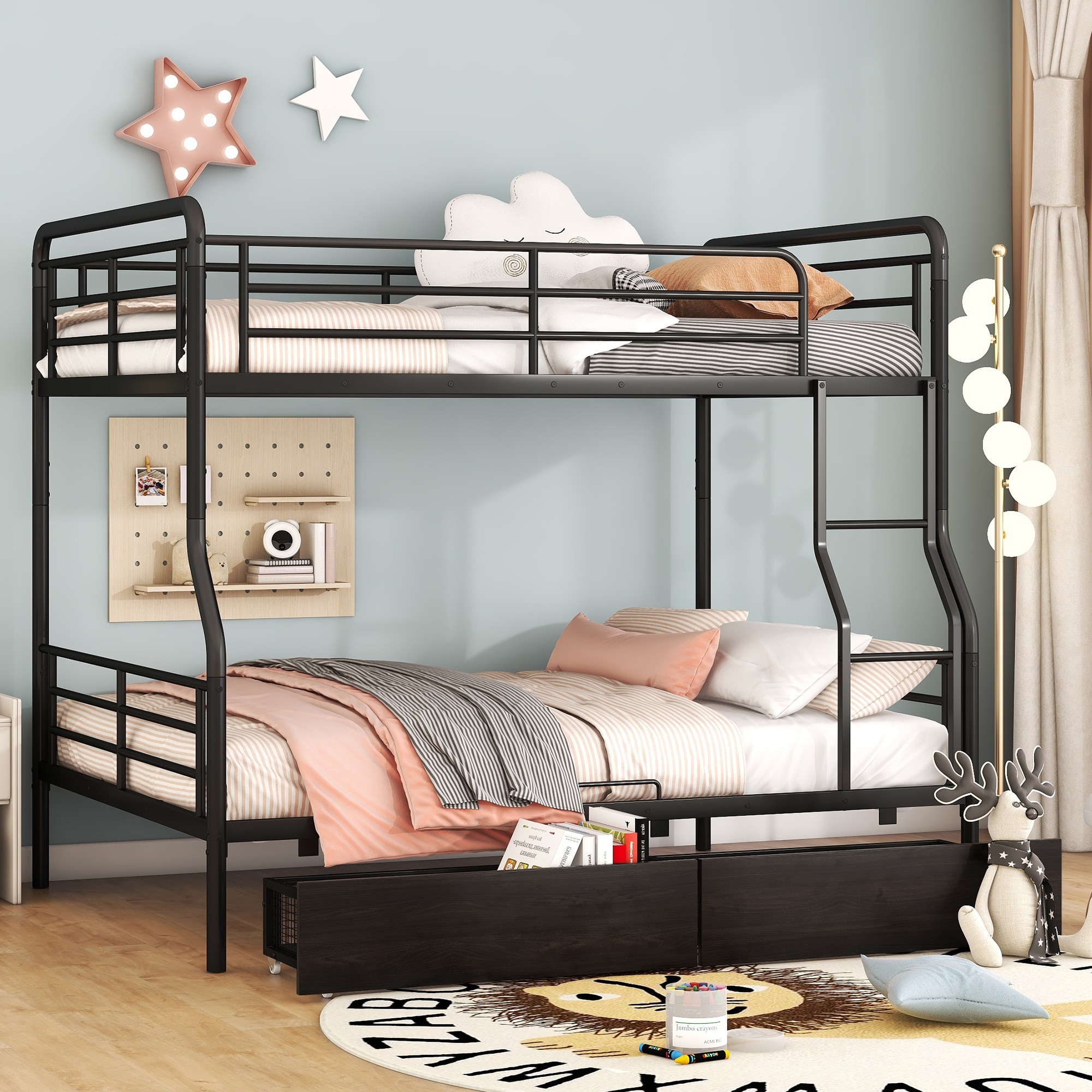 Modern Full XL Over Queen Bunk Bed Metal Bunk Bed with 2 Drawers and Guardrails Split Into 2 Beds for Girls Boys Teens Black Bed Bath Beyond 39212237
