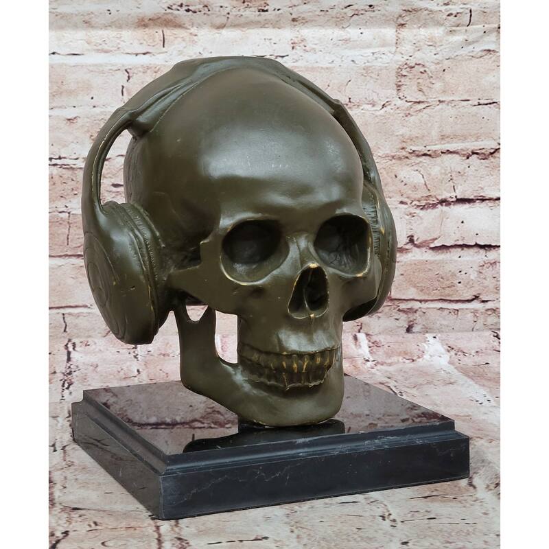 Skull With Headphones Bronze Sculpture - Modern Gothic Music Art