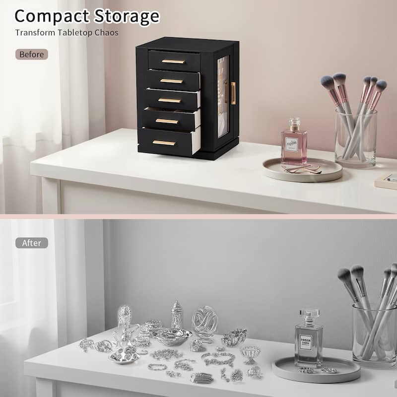 360° Rotating Jewelry Box with 5 Drawers - Black Cabinet & Pink Velvet Interior - Multi