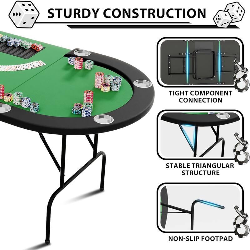 Oval Poker Table with Collapsible Legs, Casino Leisure Table for 10 Players,Stainless Steel Cup Holder