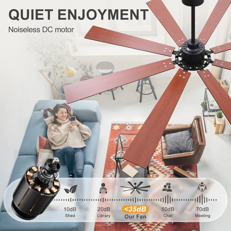 Large 72" Reversible 8-Blade Integrated Ceiling Fan with LED Light and Remote