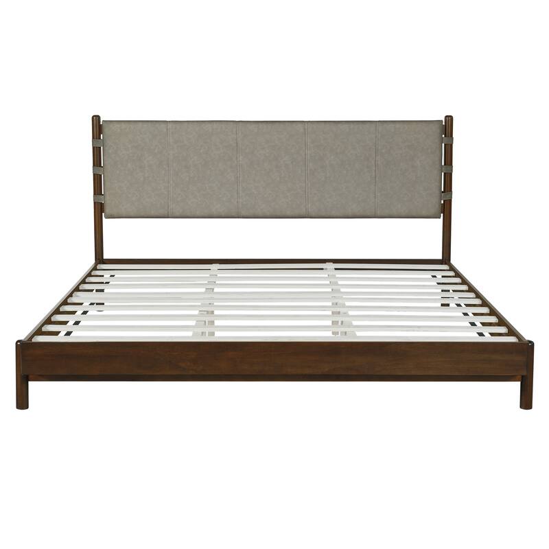 Premium Rubber Wood Platform Bed Frame, King Bed Frame with Headboard Included, Mid Century Modern Bed With Walnut+Light Grey