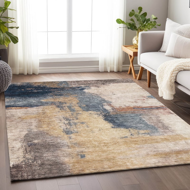 Machine Washable Indoor/ Outdoor Contemporary Abstract Chantille Rug - Gold - 3' x 5'