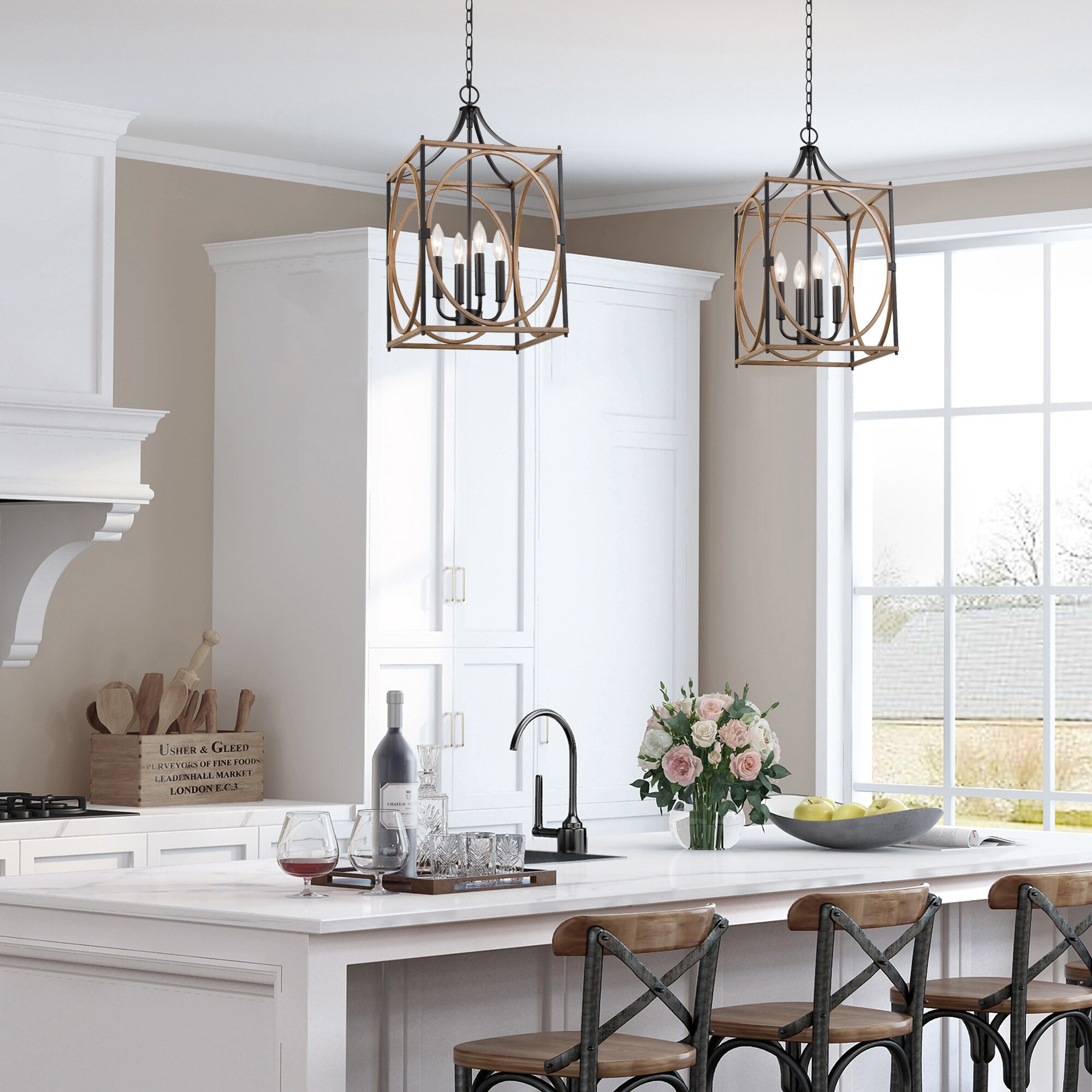 Modern Farmhouse 4 Light Wood Grain Lantern Chandelier Cage