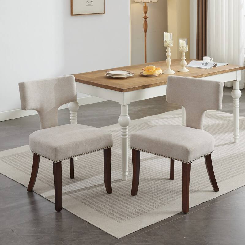Modern Dining Chairs Set of 2, Linen Fabric Upholstered Accent Chair Curved Backrest with Copper Nails Around