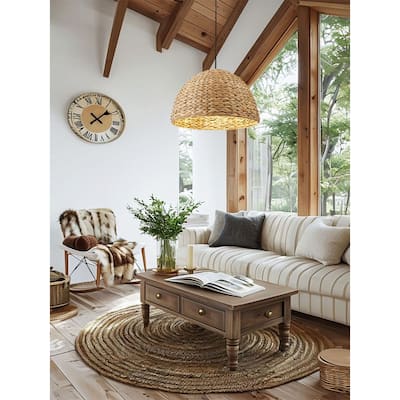 1-Light Aged Lantern Pendant Lamp with Natural Rattan Woven Shade - N/A