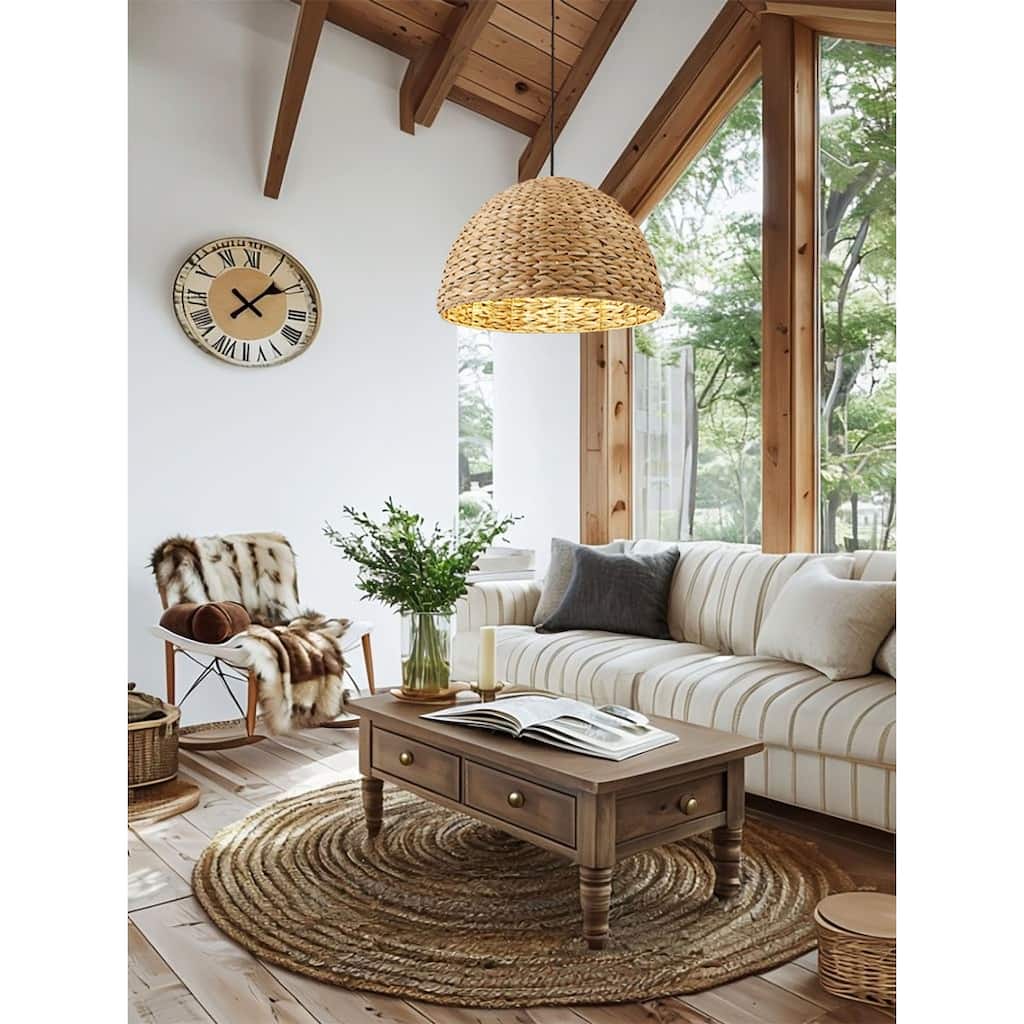 1-Light Aged Lantern Pendant Lamp with Natural Rattan Woven Shade