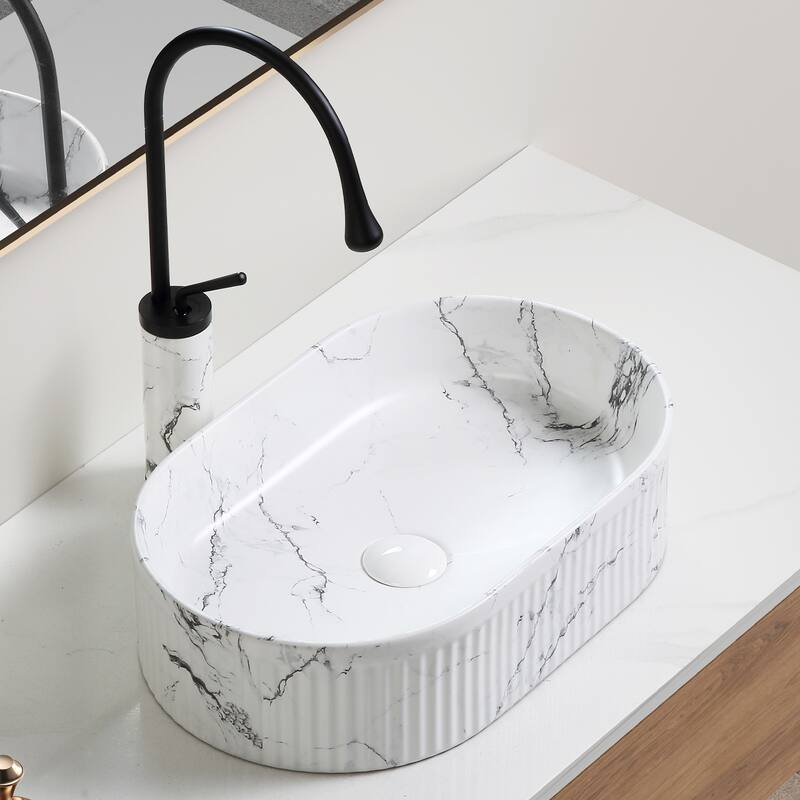 GDFStudio - Vincent Artistic Marble-Pattern Vessel Bathroom Sink with Ceramic Basin and Countertop Vanity Design - marble,White+Black - Round