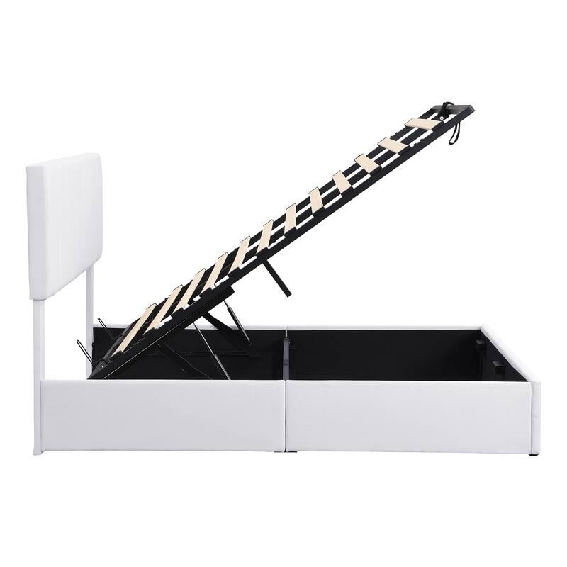 Hydraulic Lift Up Storage Bed, Linen Upholstered Platform Bed Frame with Vertical Panel Headboard, Wooden Slat Support