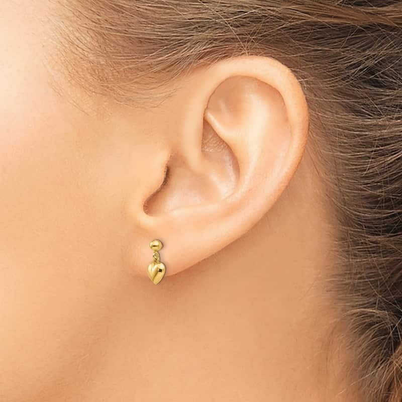 Curata 14k Yellow Gold Children's Polished Puffed Heart Dangle Earrings (6mm x 11mm)