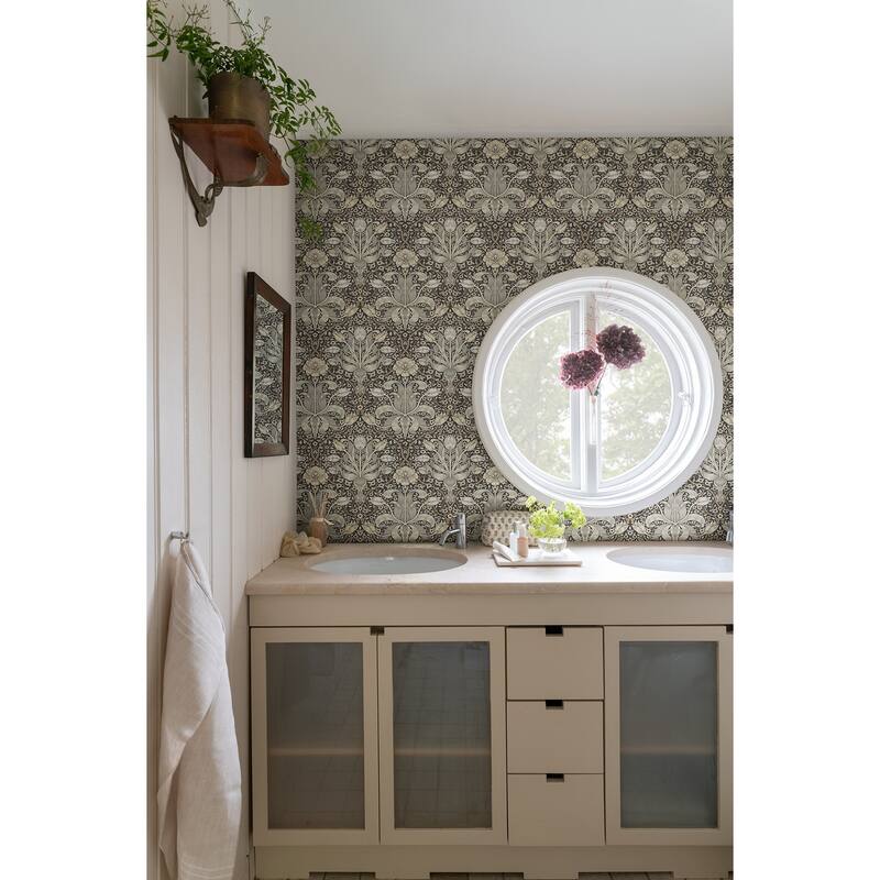 Spring Thicket Blue Tulip Damask Wallpaper