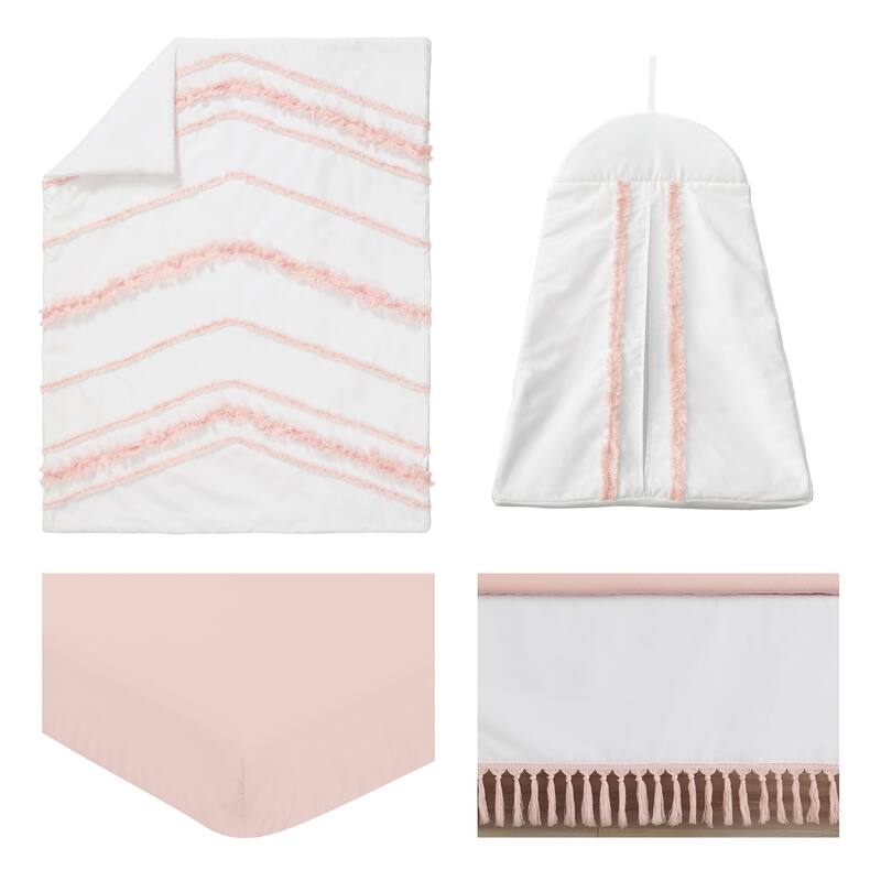 Boho Bohemian Girl 4pc Nursery Crib Bedding Set - Blush Pink and White Farmhouse Shabby Chic Designer Modern Minimalist Fringe