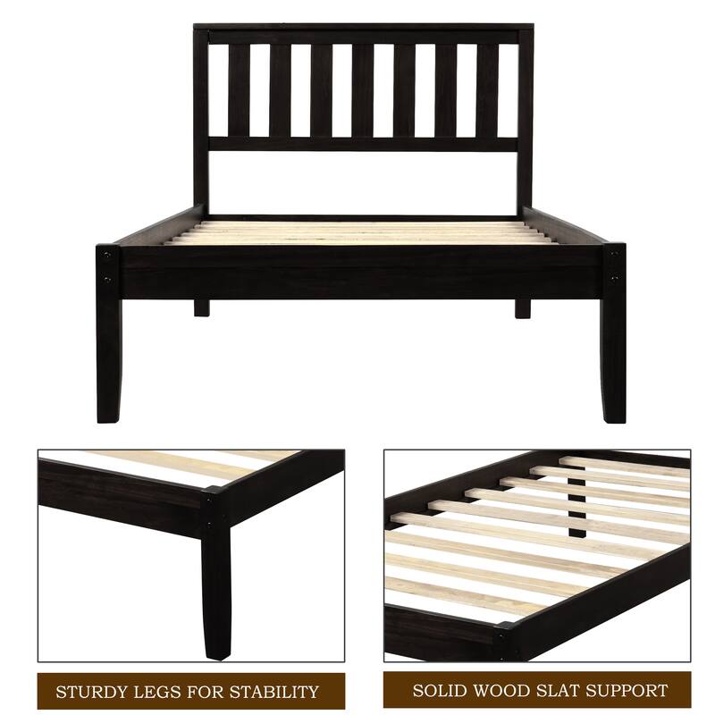 Espresso Wood Platform Bed with Headboard/Wood Slat Support, Twin