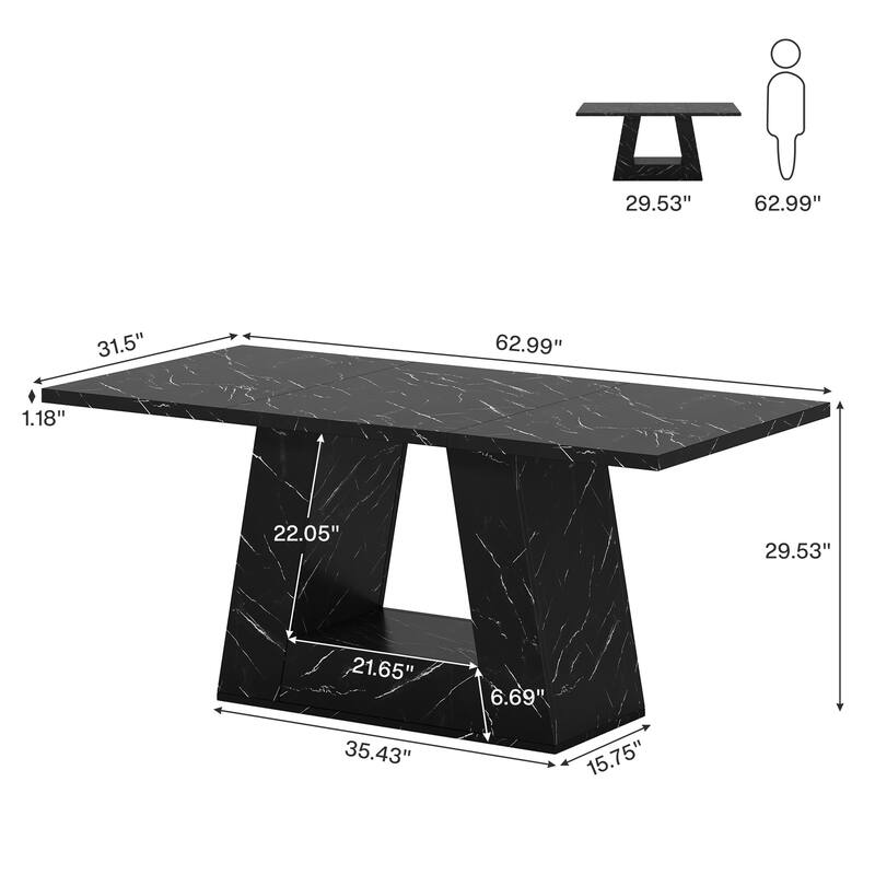 Farmhouse Modern Wooden Faux Marble Dinner Table with Sturdy Base