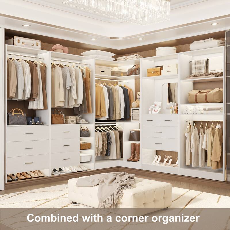 Cimly Set of 4 Closet Organizer with Drawers and Mirror, Freestanding Closet System with Hanging Rods
