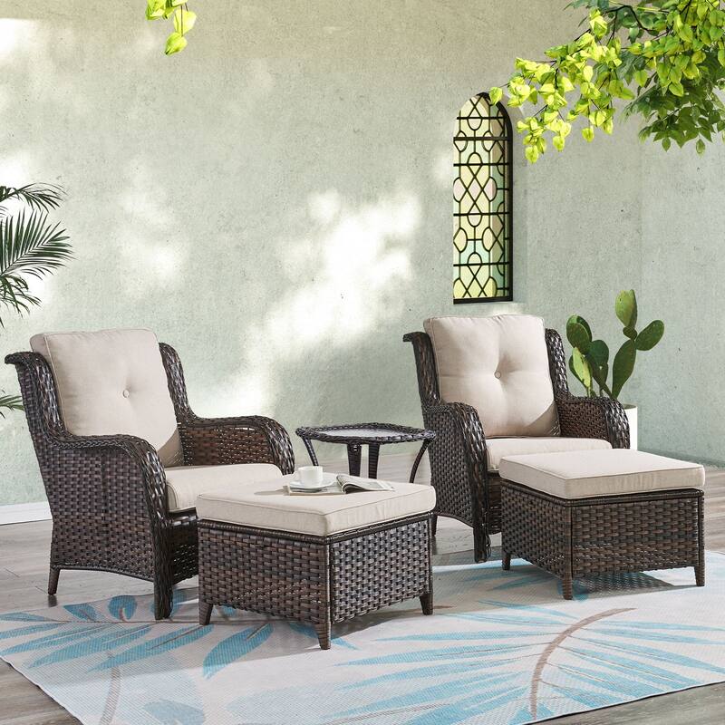 Gymojoy 5-Piece Outdoor Wicker Patio Furniture Chair Set, Rattan Coversation Set with Water Resistant Thick Cushions - Brown Wicker / Beige Cusion - 5-Piece