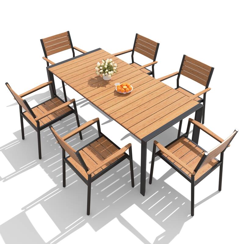 7/9/11-Piece Set Outdoor Aluminum Dining Table with Umbrella Hole and Stackable Dining Chairs