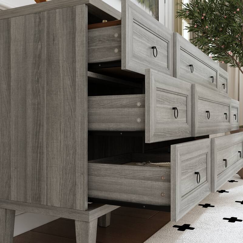 63.4" Wide 9 Drawer Dresser, Modern Light Wood Bedroom Dresser with Solid Legs for Storage