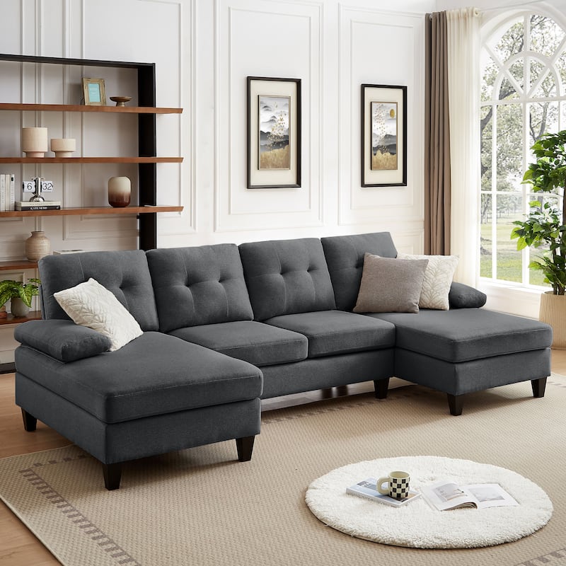 4 Seat U Shaped Sectional Sofa Couch with Double Chaise for Living Room