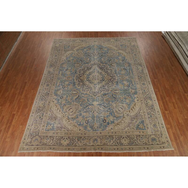 Floral Tabriz Persian Area Rug Hand-Knotted Blue Wool Carpet - 9'10"x 12'10"