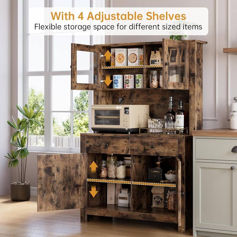 Freestanding Kitchen Pantry Cabinet with Microwave Stand & Buffet Cupboard, Adjustable Shelves for Dining Room