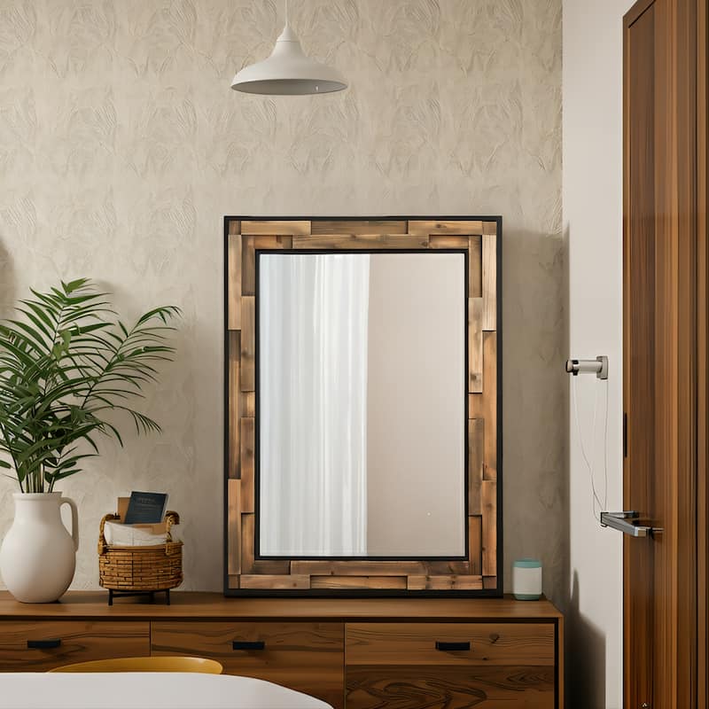 Rectangular wall-mounted mirror with a wood and metal frame, suitable for decorating living rooms and entryways