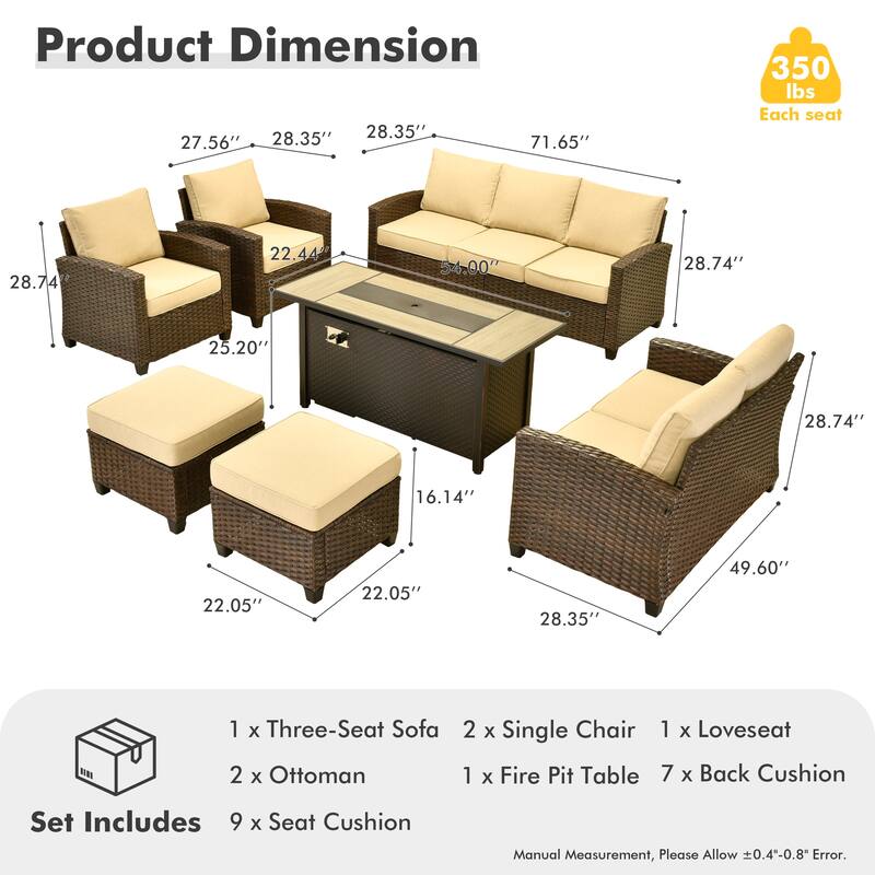 HOOOWOOO 7-piece Outdoor Wicker Rattan Patio Conversation Set with Fire Pit