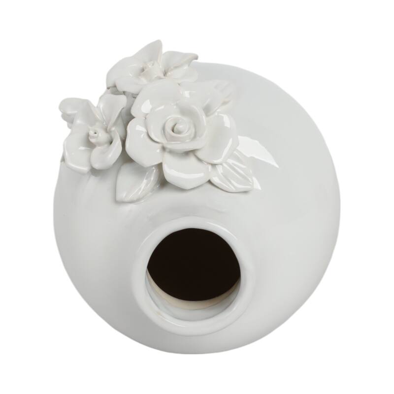 Ceramic Decorative Vase 3D Floral Detail Glossy Finish - 6" White