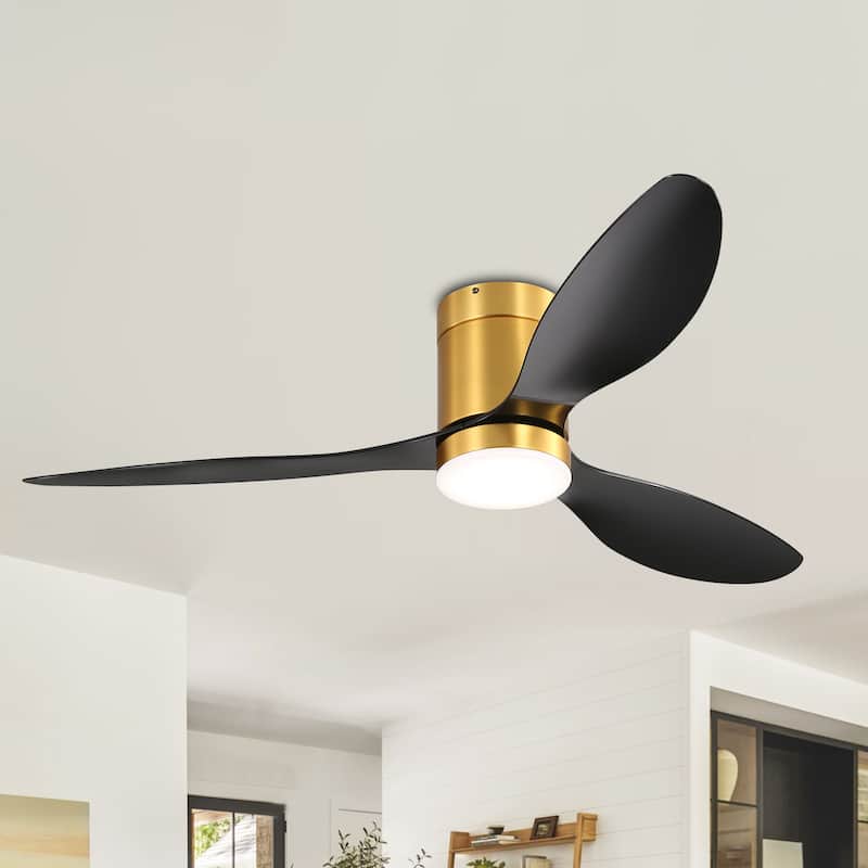 52-in LED Black and Gold Indoor Flush Mount Ceiling Fan with Light Remote (3-Blade) - Black - Remote
