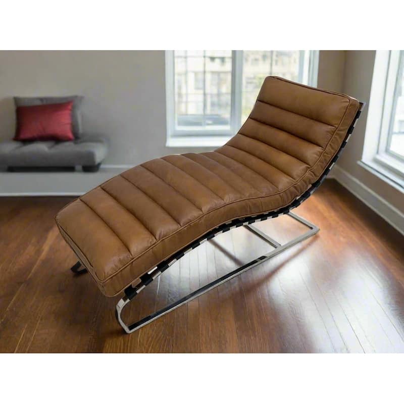 Plano Modern Channeled Leather Chaise Lounge - Leather - Light Brown