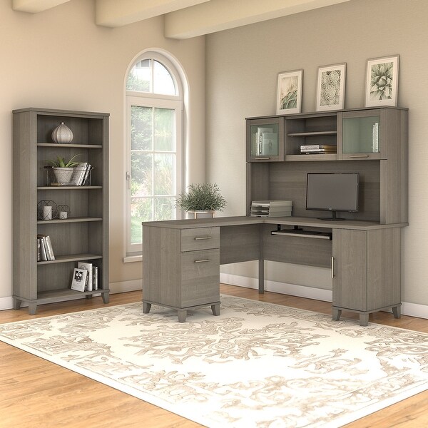 Somerset 60W L Shaped Desk with Hutch and 5 Shelf Bookcase in Ash