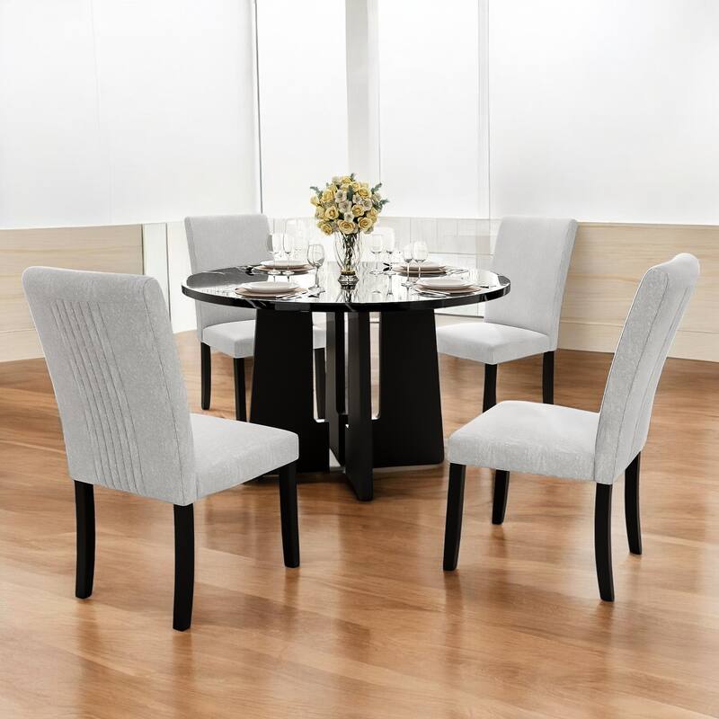 5-Piece Round Dining Table Set, 43-Inch MDF Table with 4 Upholstered Chairs for Kitchen, Dining Room, Living Room - Beige+Black
