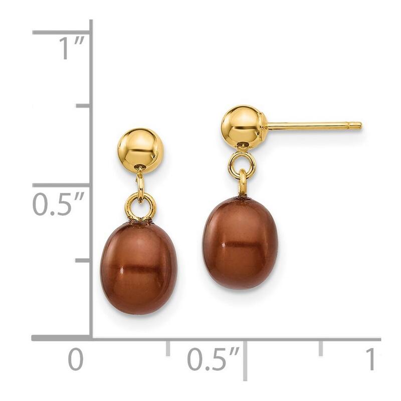 Curata 14k Yellow Gold 6-6.5mm Brown Freshwater Cultured Pearl Dangle Earrings 14x6.5mm