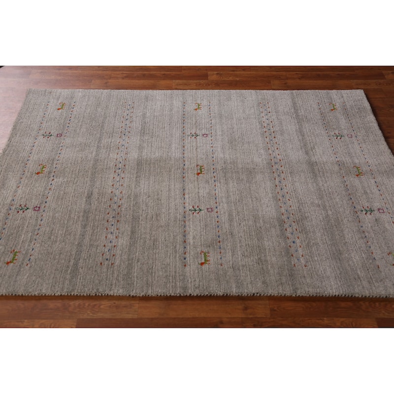Little Animals Gray Gabbeh Indian Rug Hand-Knotted Wool Carpet - 4'0" x 5'11"