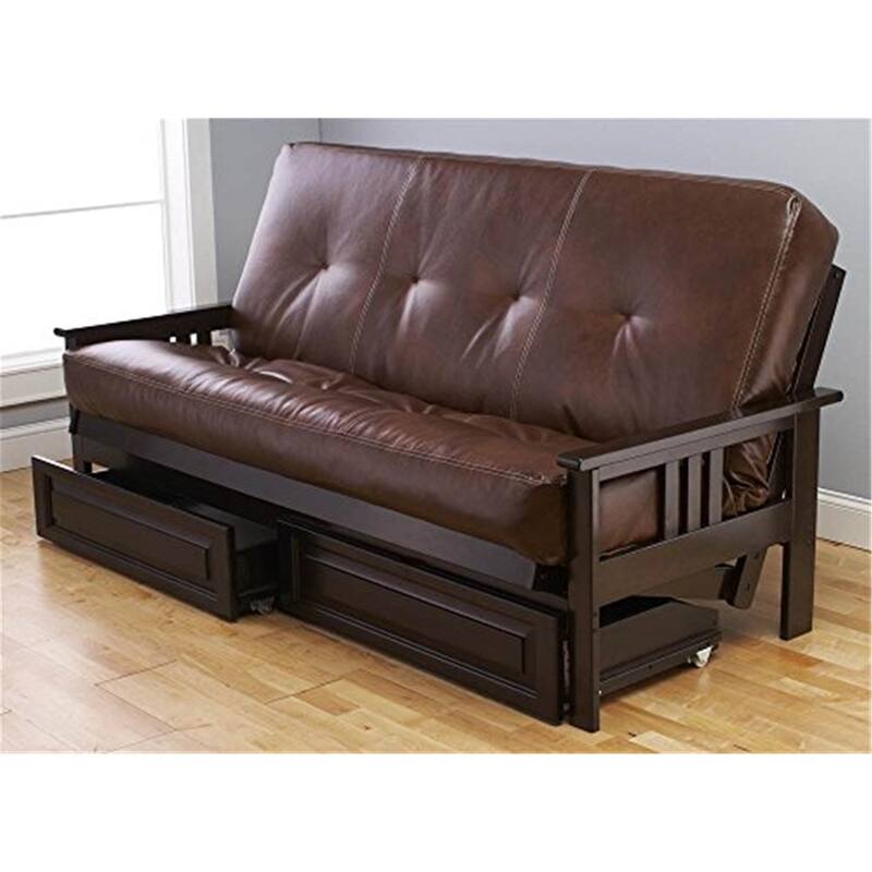 79 in. Espresso/Oregon Trail Saddle Polyester Upholstered Full Size Futon Set with Mattress and Storage Drawers