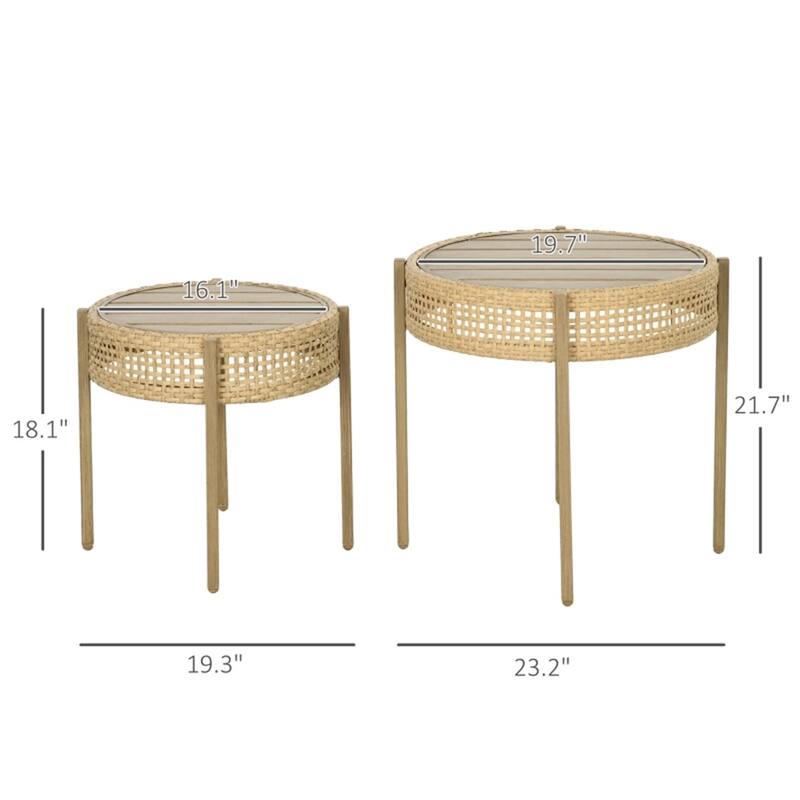 Brown Steel PE Rattan Nesting Patio End Tables with Wood Grain Top - Large Table: 23.2" L x 23.2" W x 21.7" H