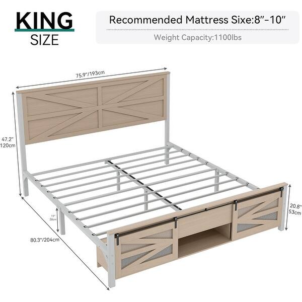 King Bed Frame with Storage Footboard and Sliding Barn Door Cabinets ...