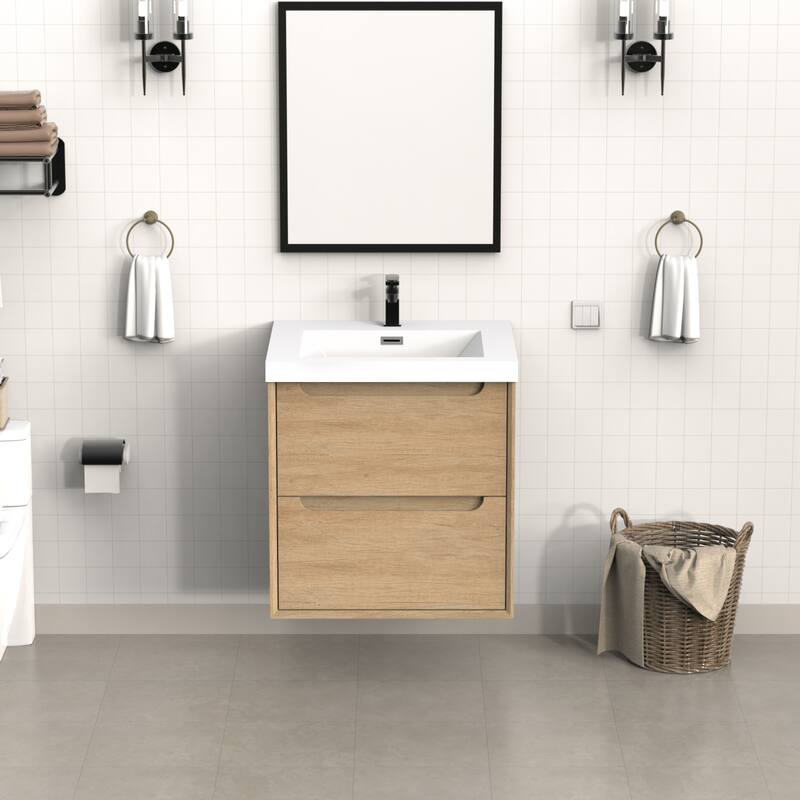 Integrated Resin Bathroom Sink, Modern Square Basin with Overflow, Seamless One-Piece Design - 24"