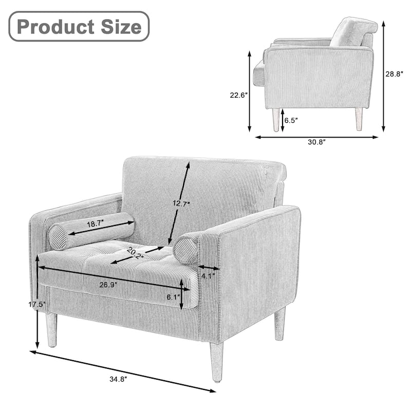Corduroy Upholstered Accent Chair with Bolster Pillows Set of 2