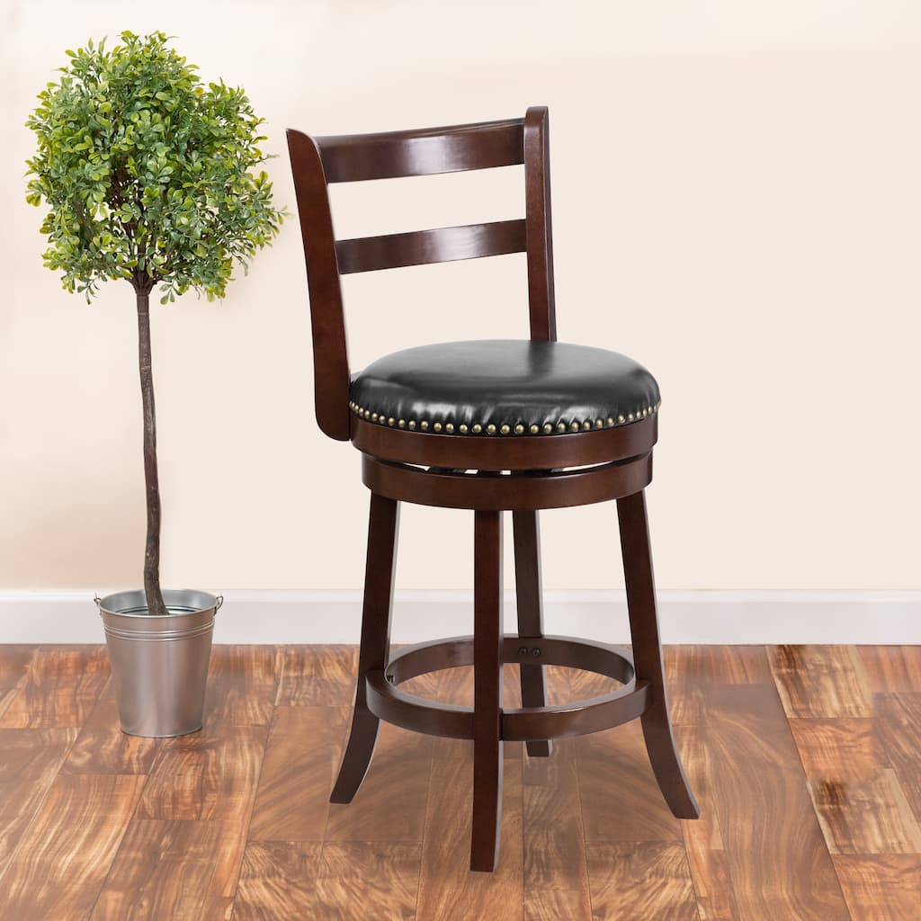 26" High Cappuccino Wood Stool with Ladder Back & LeatherSoft Swivel Seat - 18"W x 20.5"D x 39.25"H - 18"W x 20.5"D x 39.25"H
