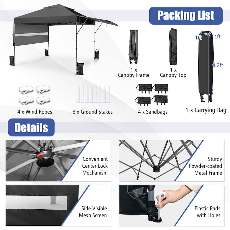 Outdoor Pop Up Canopy Tent with Side Awnings 10x17.6 Ft for Patio or Beach - 10 x 17.6 x 8.9-9.5 ft