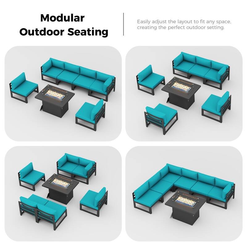 7 Piece Aluminum Patio Furniture Set with Fire Pit Propane/Natural Gas, 29 inch Deep Wide Seat Aluminum Outdoor Sectional