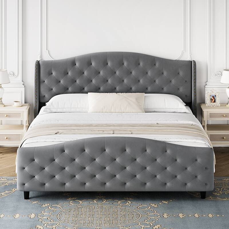 Elam Grey Tufted Upholstered Platform Bed Frame with Headboard and Footboard